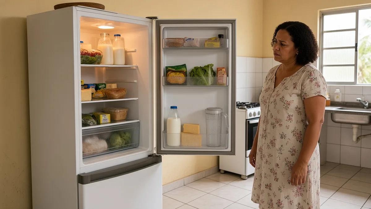 Geladeira doméstica aberta em cozinha brasileira exibe alimentos e bebidas aquecendo, enquanto a moradora observa o problema com preocupação.