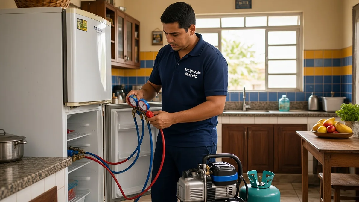 Técnico de refrigeração em cozinha brasileira em Maceió utiliza bomba de vácuo, manômetros e cilindro ao lado de uma geladeira doméstica aberta.