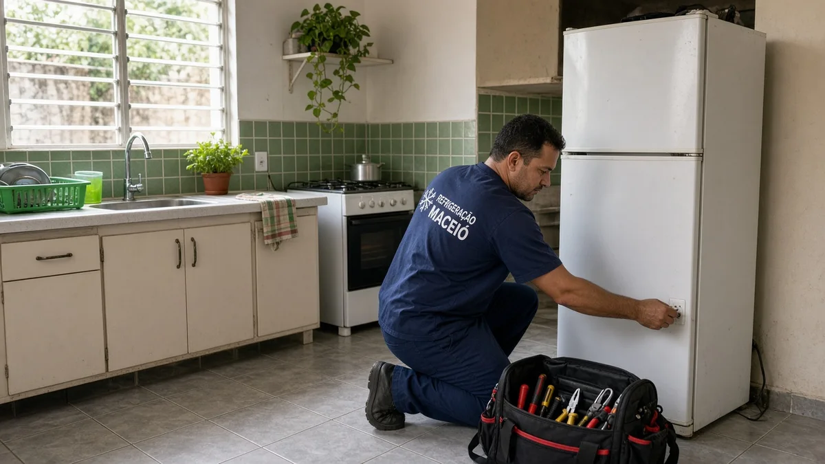 Técnico Refrigeração Maceió: tecnico desliga geladeira da tomada antes do reparo, em cozinha residencial brasileira com luz natural realista.