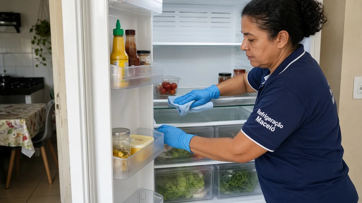 Maos limpam prateleiras internas da geladeira com pano umido, em residência brasileira, com técnico Refrigeração Maceió e materiais e ferramentas ao lado.