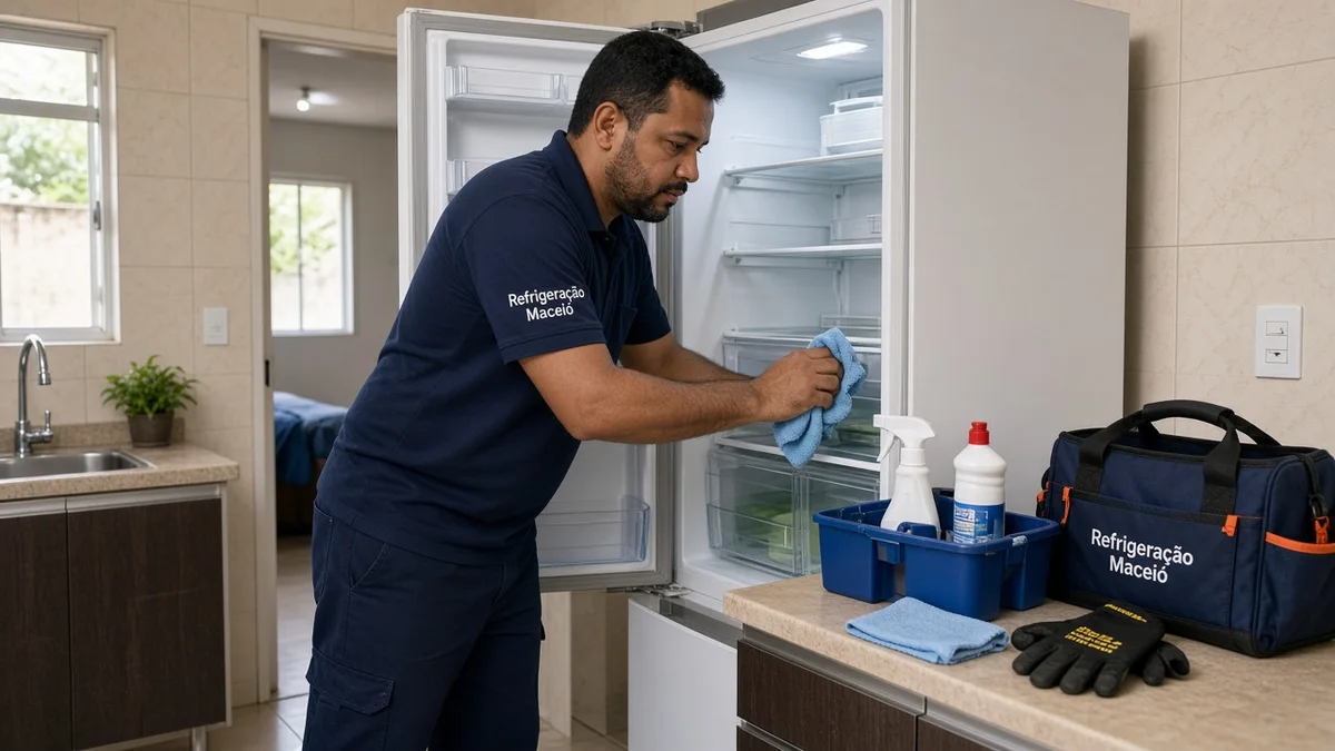 Técnico Refrigeração Maceió: tecnico limpa interior de geladeira com pano e produtos na cozinha, em cozinha residencial brasileira com luz natural realista.