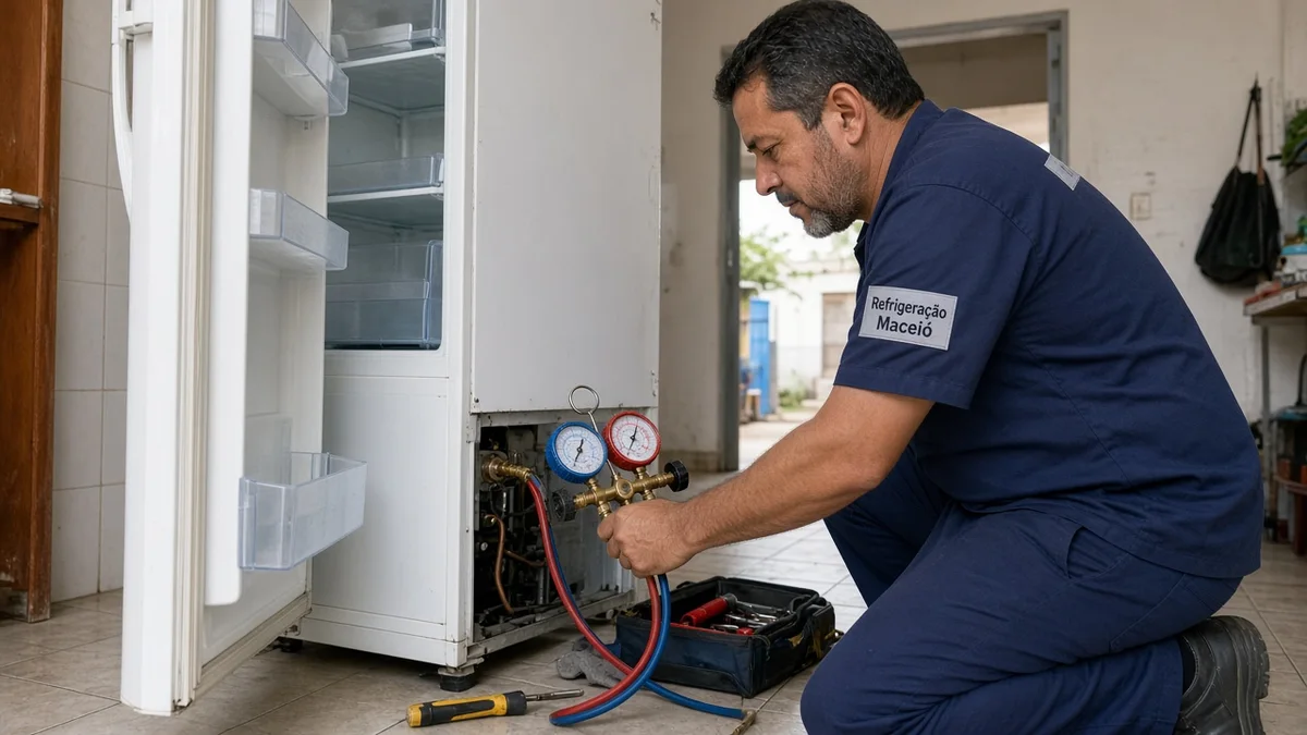 Manometro e mangueira ligados ao sistema de gas da geladeira, em residência brasileira, com técnico Refrigeração Maceió e materiais e ferramentas ao lado.