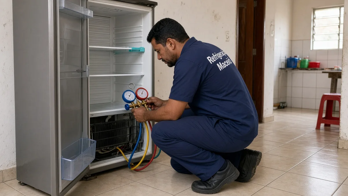 Técnico Refrigeração Maceió: tecnico verifica manometros de gas na geladeira residencial, em cozinha residencial brasileira com luz natural realista.