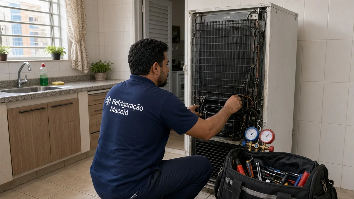 Técnico Refrigeração Maceió: tecnico inspeciona condensador traseiro da geladeira na cozinha, em cozinha residencial brasileira com luz natural realista.