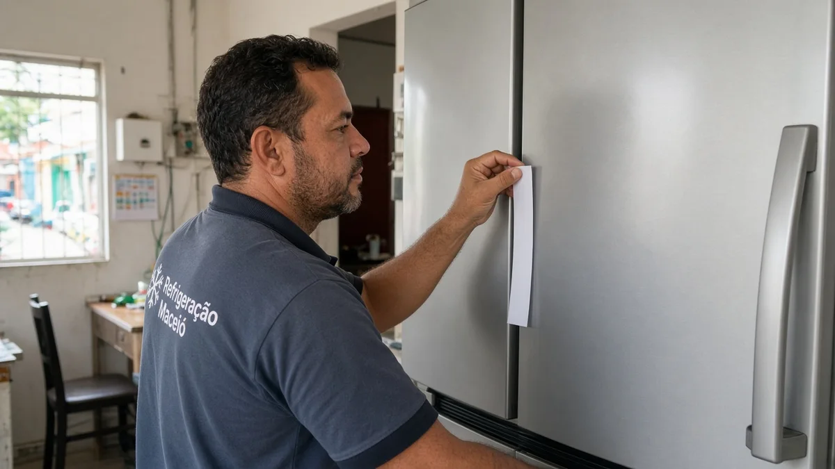 Detalhe prático: tecnico testa vedacao da porta com folha de papel, com técnico Refrigeração Maceió e ferramentas de refrigeração à vista na instalação.