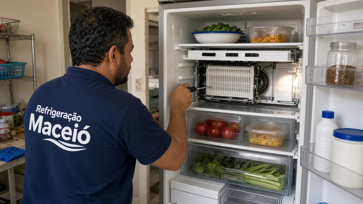 Detalhe de evaporador e prateleiras internas da geladeira aberta, em residência brasileira, com técnico Refrigeração Maceió e materiais e ferramentas ao lado.