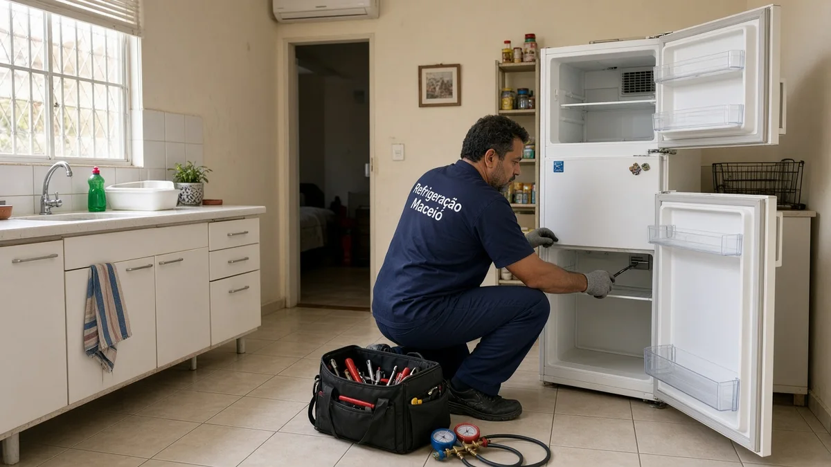 Técnico Refrigeração Maceió: tecnico inspeciona geladeira aberta em cozinha residencial brasileira, em cozinha residencial brasileira com luz natural realista.