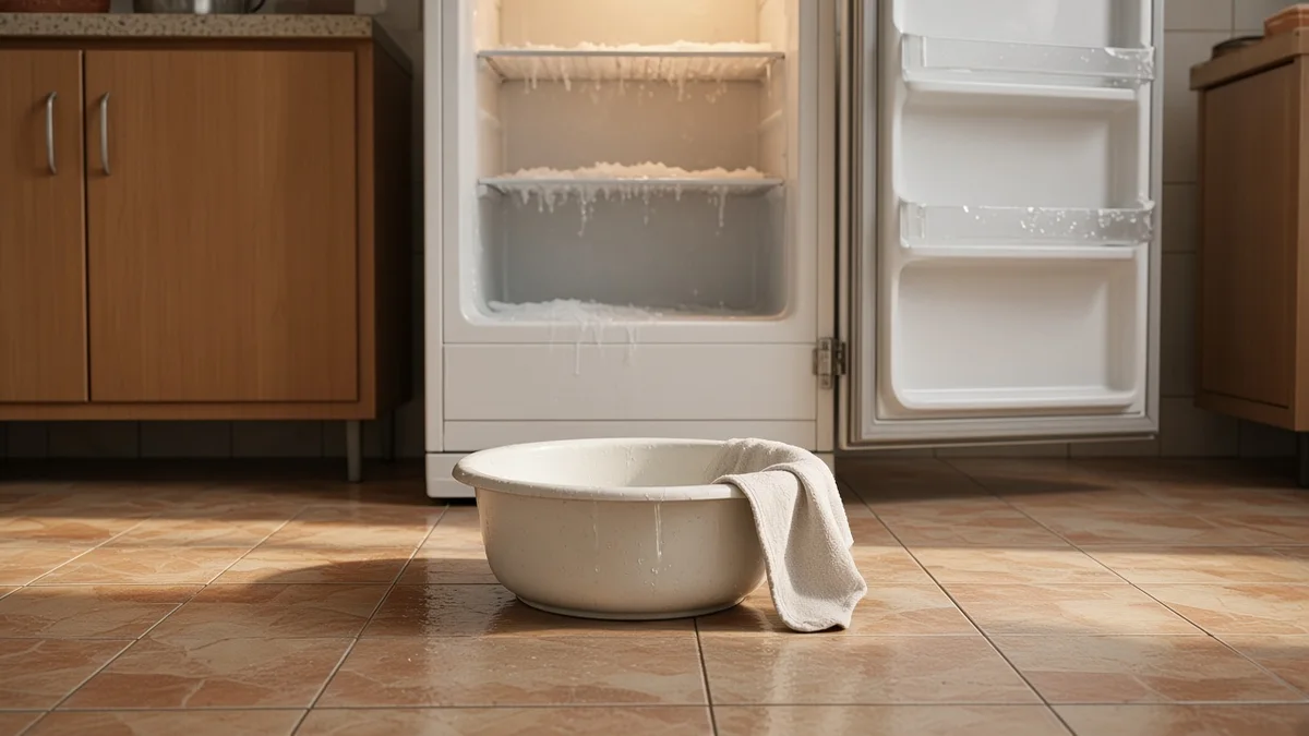 Geladeira branca aberta durante o degelo manual, com bacia plástica e toalha de algodão sobre o piso cerâmico para recolher a água derretida na cozinha.