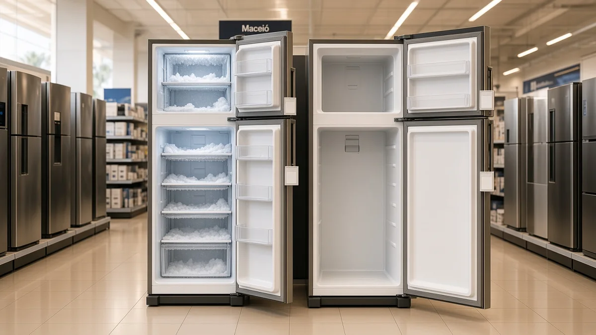 Duas geladeiras abertas lado a lado em loja brasileira de eletrodomésticos, uma com gelo no congelador defrost e outra com interior limpo de modelo frost free.