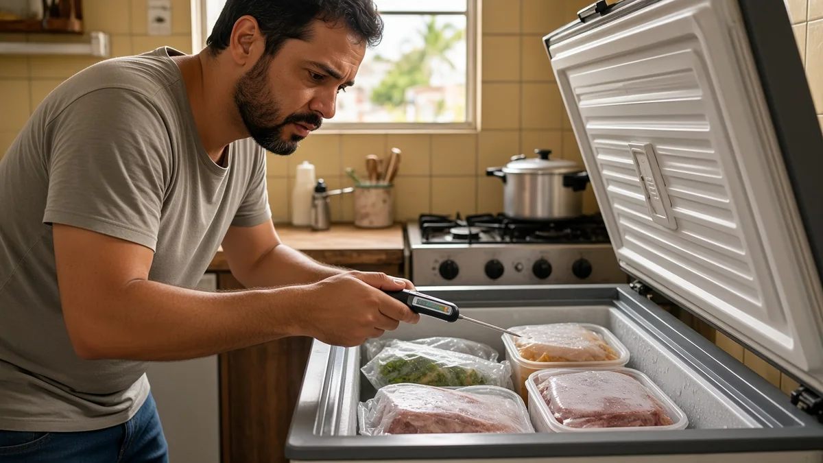 Homem brasileiro preocupado mede a temperatura de alimentos amolecidos dentro de um freezer horizontal aberto em uma cozinha residencial de Maceió.