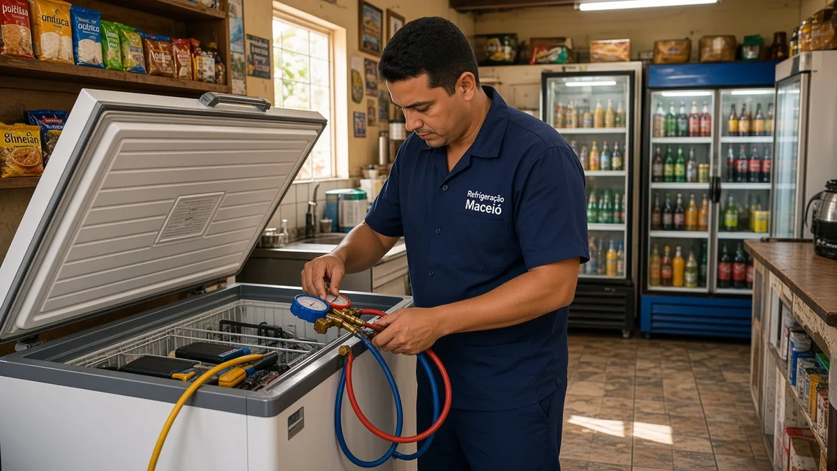 Técnico da Refrigeração Maceió usa manômetros para diagnosticar um freezer horizontal comercial aberto em um pequeno comércio de bairro brasileiro.