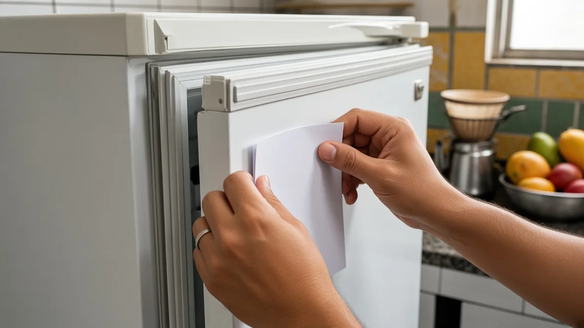 Mãos realizam o teste da folha de papel entre a borracha de vedação e a porta do freezer em uma cozinha urbana brasileira, com utensílios ao fundo.