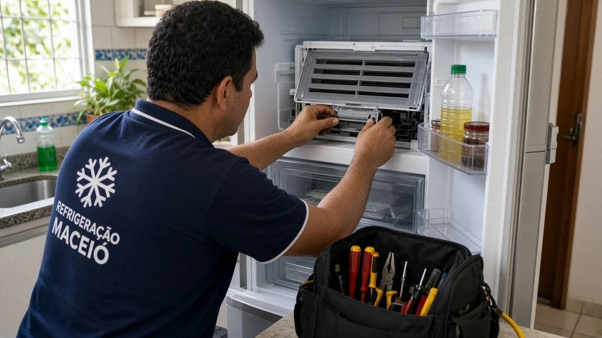 Close de cenários específicos: mãos ou técnico em residência brasileira, ferramentas e materiais de refrigeração visíveis, sem texto sobreposto na foto.