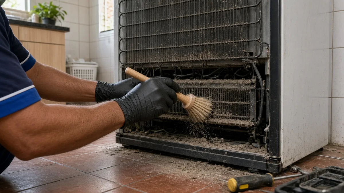 Close de prevenção e manutenção: mãos ou técnico em residência brasileira, ferramentas e materiais de refrigeração visíveis, sem texto sobreposto na foto.