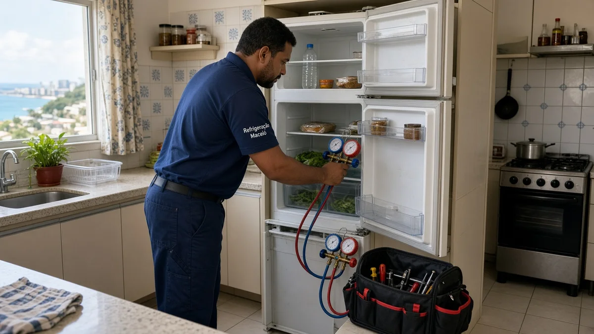 Técnico em uniforme de serviço atende primeiras verificações em cozinha residencial brasileira, ferramentas e equipamento à vista, luz natural de janela.