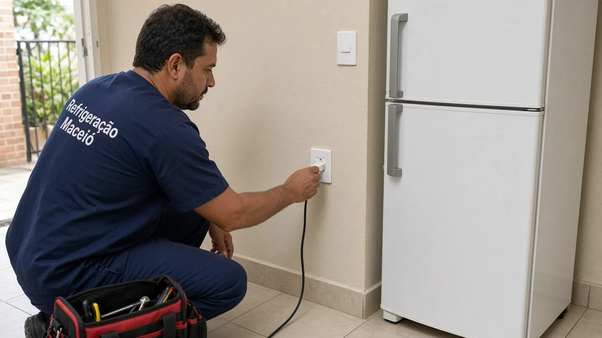 Tecnico verifica tomada exclusiva antes de ligar geladeira, em residência brasileira, com técnico Refrigeração Maceió e materiais e ferramentas ao lado.