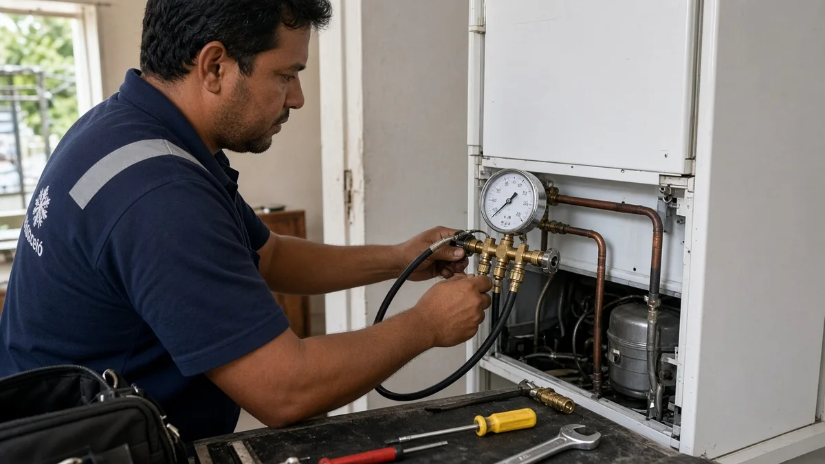 Manometro e mangueira ligados ao sistema de gas da geladeira, em residência brasileira, com técnico Refrigeração Maceió e materiais e ferramentas ao lado.