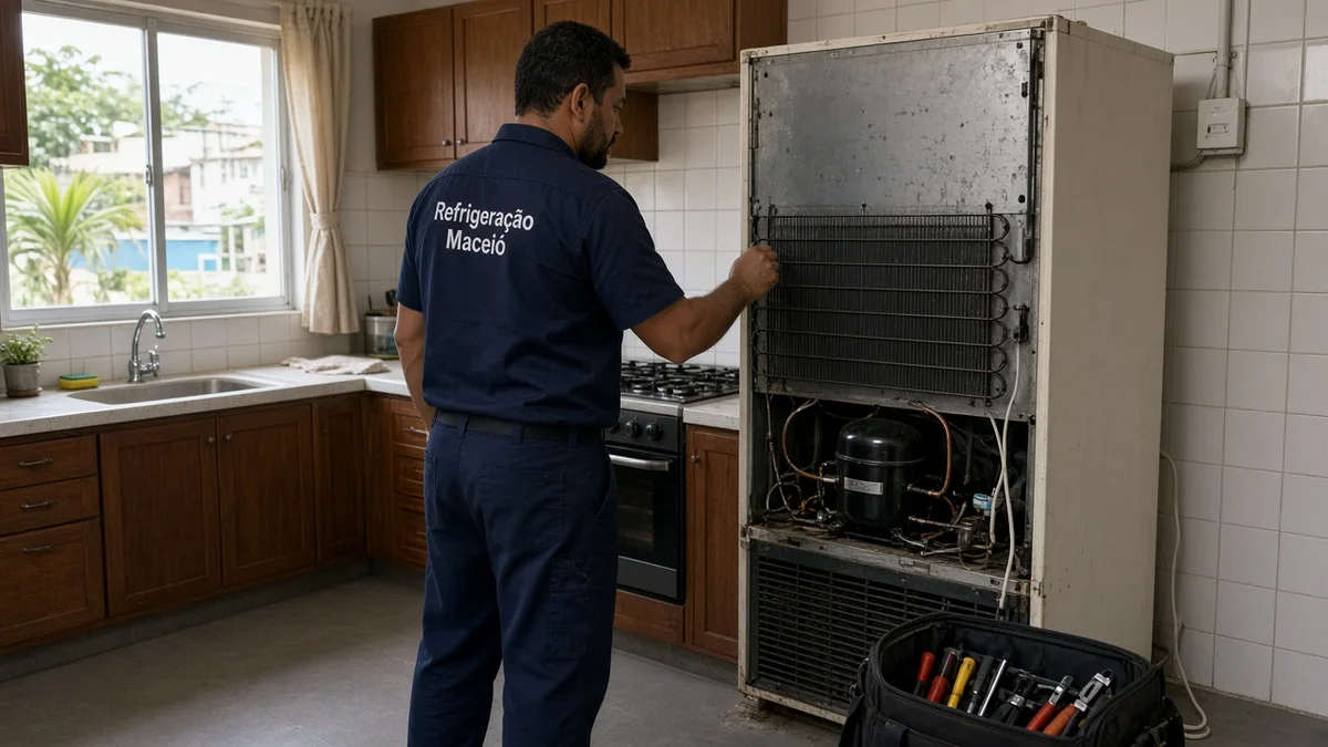 Técnico Refrigeração Maceió: tecnico inspeciona parte traseira da geladeira com ferramentas, em cozinha residencial brasileira com luz natural realista.