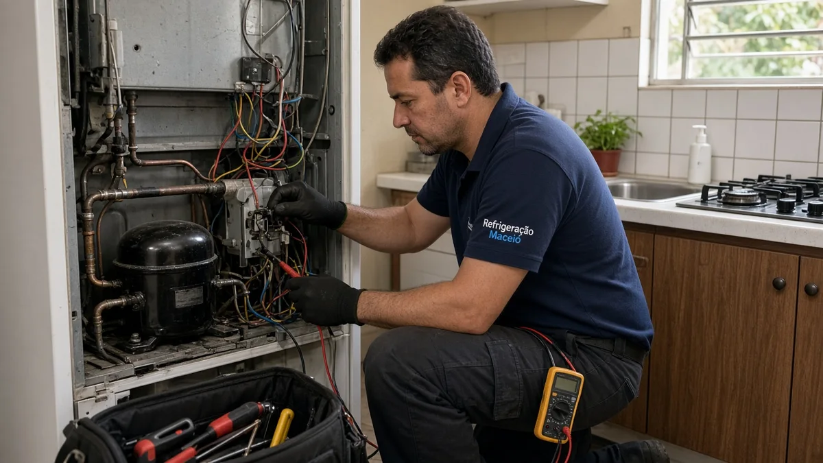 Tecnico testa compressor e cabos na parte traseira da geladeira, em residência brasileira, com técnico Refrigeração Maceió e materiais e ferramentas ao lado.