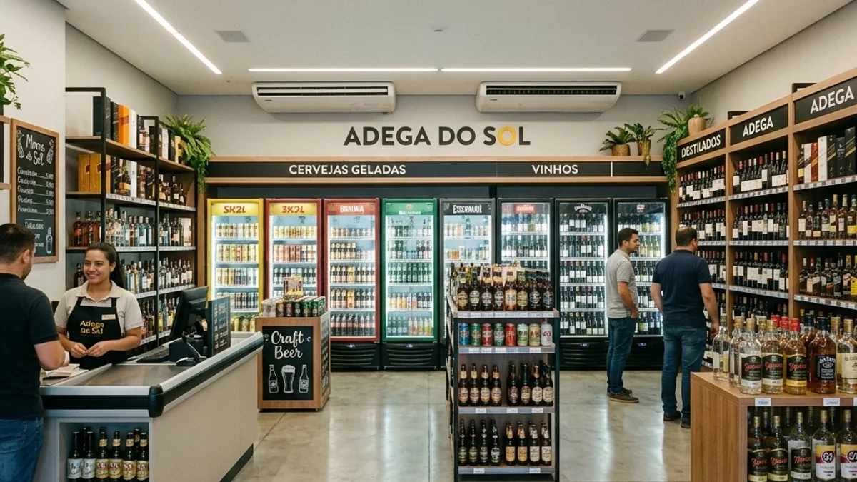 Lojas de bebidas. Interior de uma loja de bebidas moderna no Brasil, com paredes repletas de expositores refrigerados e um ambiente limpo e com temperatura controlada