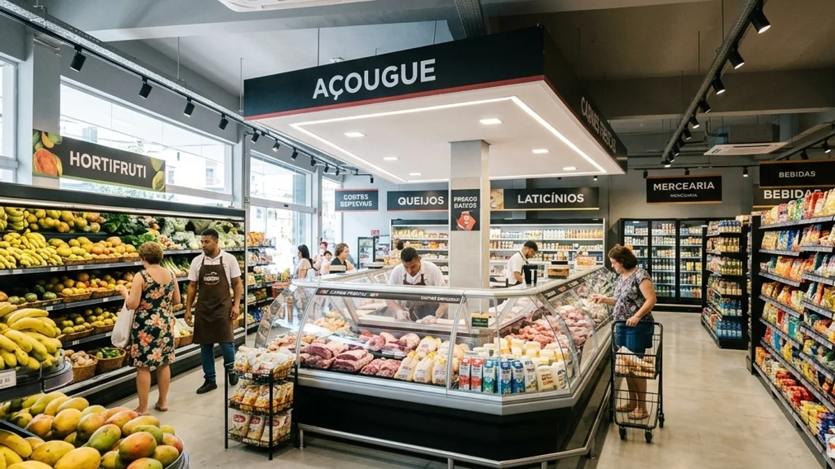 Mercadinhos. Interior de um mercado moderno no Brasil, destacando corredores de produtos frescos, balcões refrigerados e um ambiente com temperatura controlada