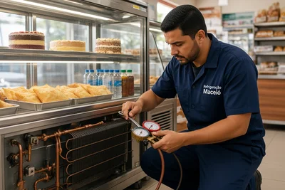 Técnico da Refrigeração Maceió consertando expositor refrigerado em comércio em Maceió